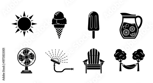 Collection of Summer Icons Sun, Ice Cream, Popsicle, Lemonade Pitcher, Fan, Sprinkler, Chair, Hammock