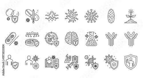Comprehensive Set of Line Icons for Immunology, Virus Protection, and Health Defense Exploring Immune System Response and Vaccine Concepts