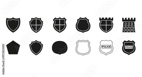 Monochrome vector collection of diverse shield, badge, and crest icons symbolizing security, protection, and authority for graphic design applications