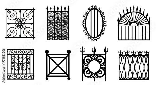 Set of Ornate Wrought Iron Decorative Designs, Elegant Metalwork Patterns for Fences, Gates, and Railings, Classic Architectural Elements and Grills for Homes
