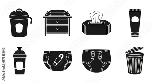 Collection of baby care essentials including sippy cup, changing table, wipes, diaper cream, shaker bottle, diaper, and trash bin