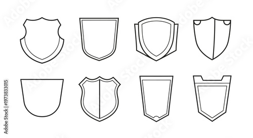 Elegant line art collection of eight unique shield icons, symbolizing strength, security, and digital safeguard design