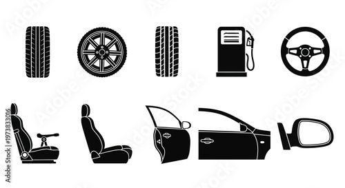 Comprehensive collection of essential automotive parts and vehicle components, including tires, seats, doors, and steering wheel, depicted in clear black silhouettes