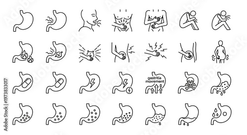 Set of Icons Representing Various Stomach Conditions and Symptoms with Medical Illustrations