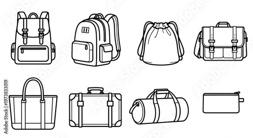 Collection of various bags and luggage, including backpacks, duffel bags, and tote bags, on a white background