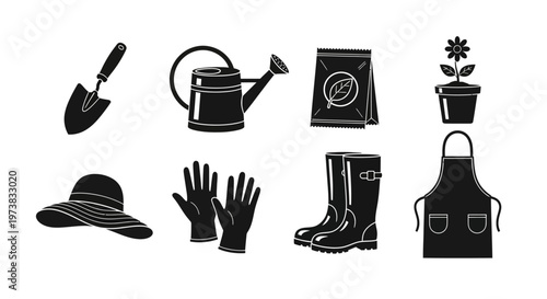 Gardening tools and accessories icon set for planting and cultivation with hat gloves boots watering can and apron
