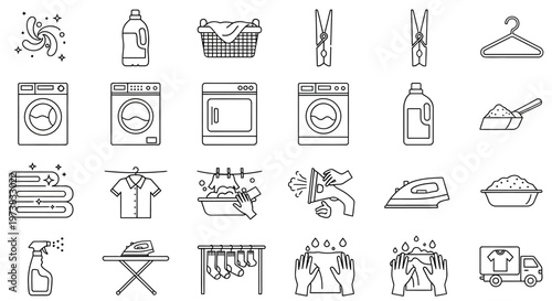 Household Laundry and Garment Care Line Art Icons Set Illustrating Washing, Drying, Ironing, and Cleaning Processes