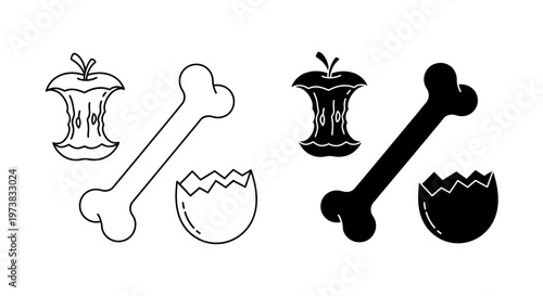 Outline and solid silhouette graphic icons of common organic waste elements an apple core, a bone, and an eggshell, representing sustainable food consumption, decomposition, and recycling concepts