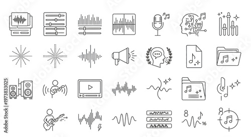 A comprehensive collection of line icons representing audio production, music editing, sound engineering, and digital recording technology concepts for creative projects