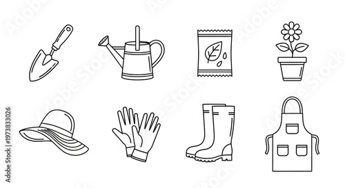 Gardening Essentials A Collection of Icons Featuring Tools, Clothing, and Plants for Your Outdoor Adventures
