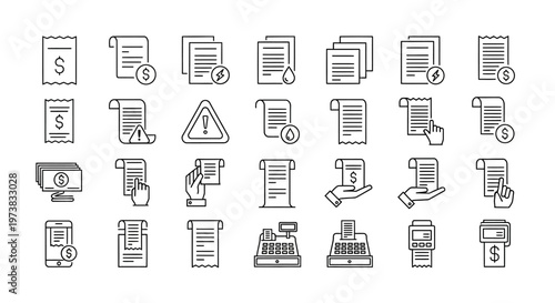 Set of various receipt and invoice icons, representing financial transactions, payment, and business documentation, in a clean outline style
