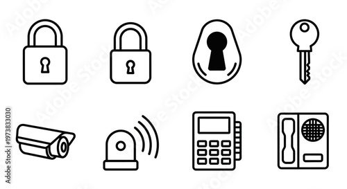 Security icons set including padlock, key, camera, alarm, telephone and intercom for protection and access control concepts