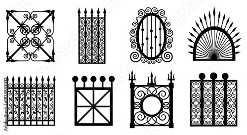 Collection of ornate, decorative, and intricate wrought iron gate designs with various patterns and styles, showcasing artistic metalwork