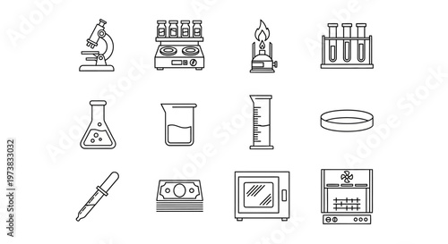 Set of scientific laboratory equipment icons including microscope, test tubes, flask, beaker, burner, petri dish, pipette, money, microwave, and incubator