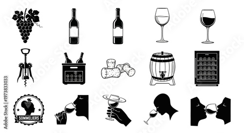 Elegant Monochrome Wine Production and Enjoyment Icons, Illustrating the Journey from Vineyard Cultivation to Refined Tasting Experiences