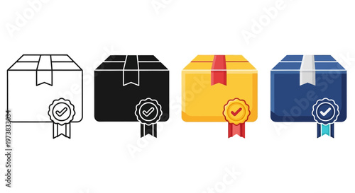 Set of four package icons with quality seals, representing shipping, delivery, and verified status, in various styles