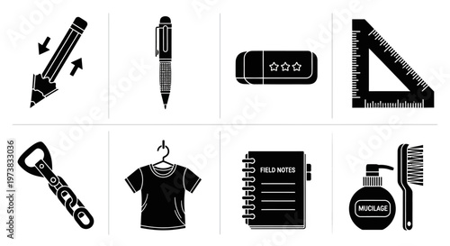 Diverse Collection of Black Silhouette Vector Icons Featuring Everyday Items, Essential Office Supplies, and Personal Care Objects for Modern Graphic Design