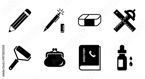 Collection of office and art supplies icons including pencil, pen, eraser, ruler, paint roller, purse, directory, and dropper