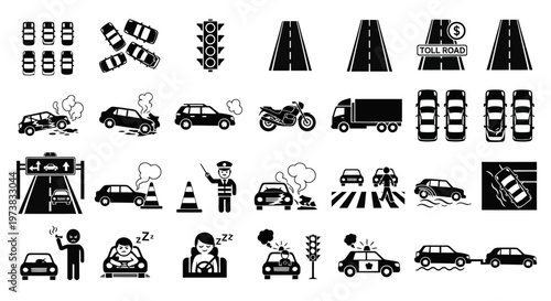Comprehensive vector icon collection illustrating road traffic, vehicle accidents, driver behavior, and crucial transportation safety elements in a sleek monochrome design