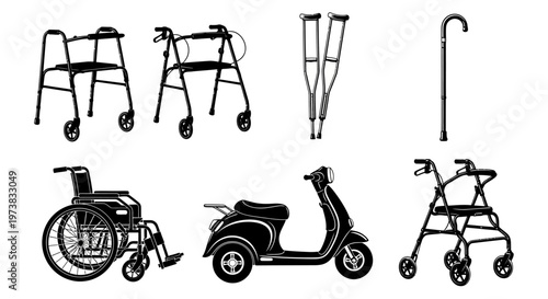 Collection of mobility aids and assistance devices including wheelchairs, walkers, crutches, scooters, and canes