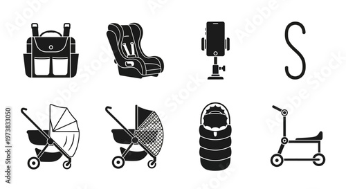 Collection of baby and toddler transportation and care items, including strollers, car seats, and carriers