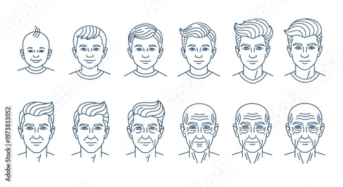 Stages of human life evolution, from infancy to old age, depicted as a series of male portraits showing physical aging and maturity development