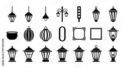 Collection of various outdoor lantern and street lamp designs in black and white vector illustrations