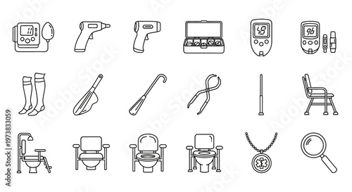 Essential medical devices and home healthcare equipment for patient care, monitoring, and accessibility support, presented as a comprehensive icon set