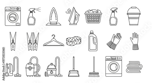 Collection of Monochrome Line Art Icons Representing Household Cleaning, Laundry Care, and Domestic Chores Equipment
