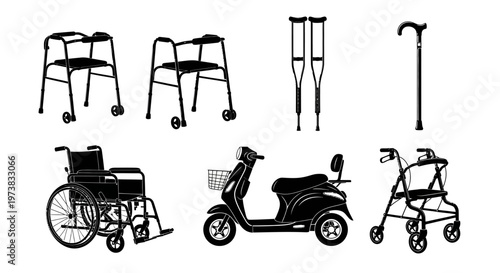 A collection of mobility aids including a wheelchair, walker, scooter, and crutches, symbolizing independence and accessibility