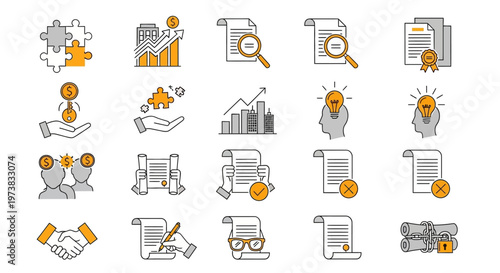 Modern Business, Finance, and Legal Vector Icon Set Illustrating Growth, Documentation, Strategy, and Partnership Concepts