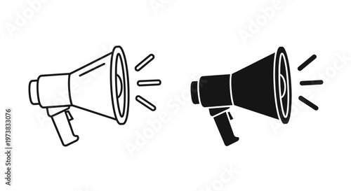 Two icons of a megaphone, one in outline and one in solid black, symbolizing communication and announcement, perfect for graphic design and marketing