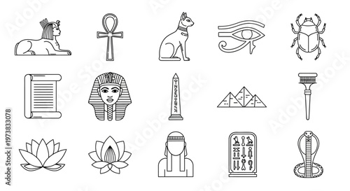 Diverse Set of Ancient Egyptian Cultural Symbols and Mythology Icons – Line Art Vector Illustrations of Pharaohs, Pyramids, Ankh, and Sacred Artifacts