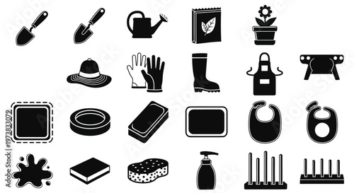 Monochromatic Glyph Icons Collection for Essential Gardening Implements and Everyday Household Cleaning Supplies Vector Set