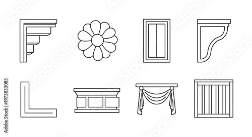 Set of Elegant Architectural and Decorative Line Art Icons for Interior Design Projects and Home Embellishment Concepts, Featuring Classic Building Details and Ornate Elements