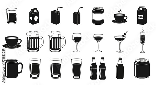 Collection of various drinks and beverages in glasses, bottles, and cartons, perfect for menus and design
