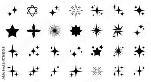 Collection of various starburst and sparkle graphic icons representing shine, glitter, and starlight