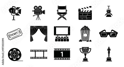 Collection of monochromatic cinema and film industry vector icons, showcasing production equipment, movie watching experience, and entertainment awards