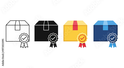 Diverse Packaging Box Icons with Quality Assurance Seals, Illustrating Concepts of Reliable Delivery, Product Verification, and Excellent Service Standards