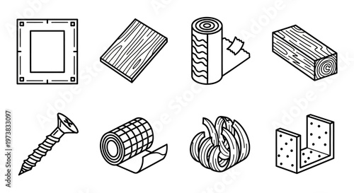 Set of construction materials and tools including a metal bracket, wood planks, insulation rolls, screws, tape, and fasteners