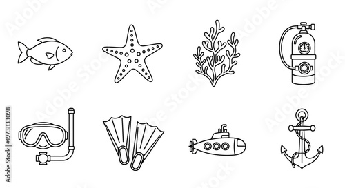Collection of Scuba Diving and Ocean Life Icons Fish, Starfish, Coral, Tank, Mask, Fins, Submarine, and Anchor