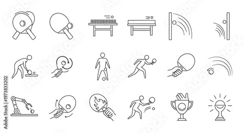 Comprehensive set of linear icons depicting various aspects of table tennis, featuring players, rackets, balls, tables, game actions, and championship elements for sports design