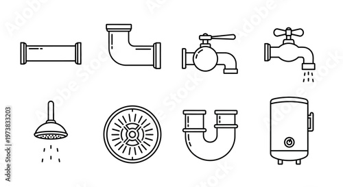 Comprehensive collection of essential plumbing and water system line icons, including pipes, faucets, showerheads, drains, and water heaters, for various design projects