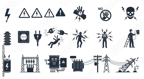 Collection of electrical hazard warning symbols and illustrations representing safety precautions and dangers related to electricity and power transmission lines