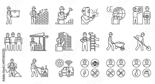 Comprehensive collection of industrial worker and construction job icons, featuring diverse roles, essential tools, safety equipment, and common tasks in the building and development sector