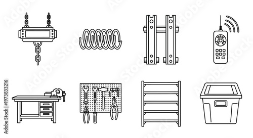 Collection of industrial workshop and garage equipment icons, including a hoist, coil spring, and tool rack
