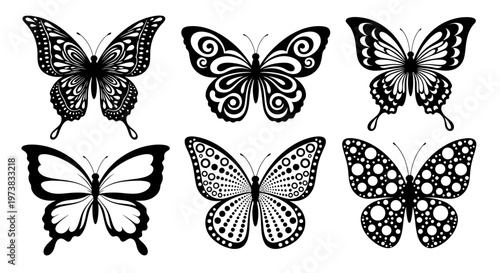 Diverse Collection of Intricate Butterfly Illustrations Featuring Unique Wing Patterns and Stylized Designs, Perfect for Creative Graphic Projects and Embellishments