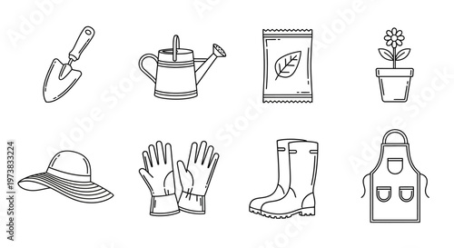 Essential Gardening Tools and Accessories Line Art Icons for Planting, Cultivating, and Enjoying Outdoor Horticultural Hobbies