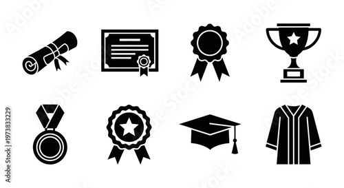 Set of graduation and award icons representing achievement, education, and success including diplomas, trophies, and caps