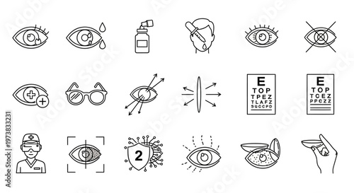 Ophthalmology and Eye Care Line Icons Set. Vision health symbols for diagnosis, treatment, protection, optical correction, and examination